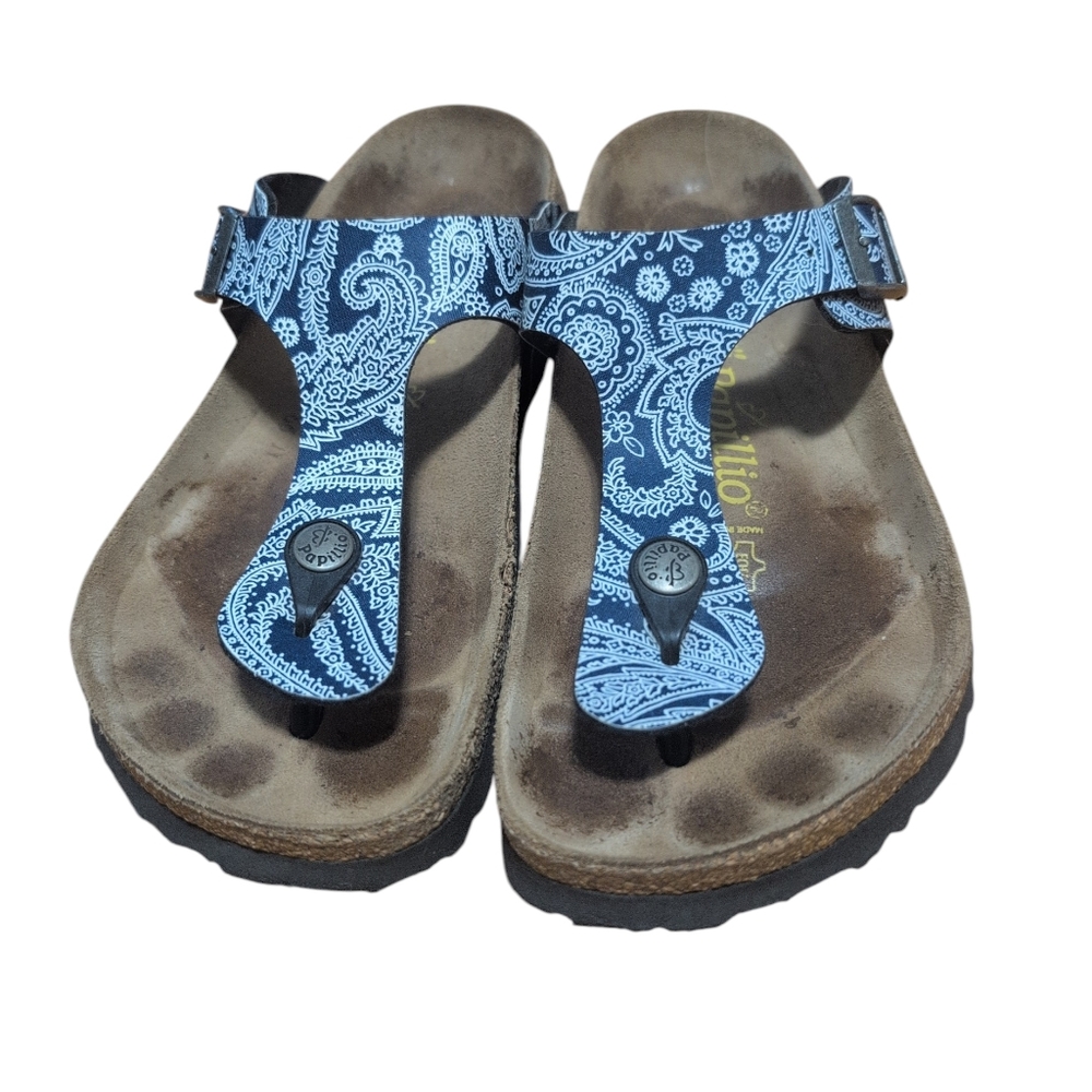 Papillio Birkenstock Womenโs Sandals Size 37 US 6 Blue Paisley Thong Comfort